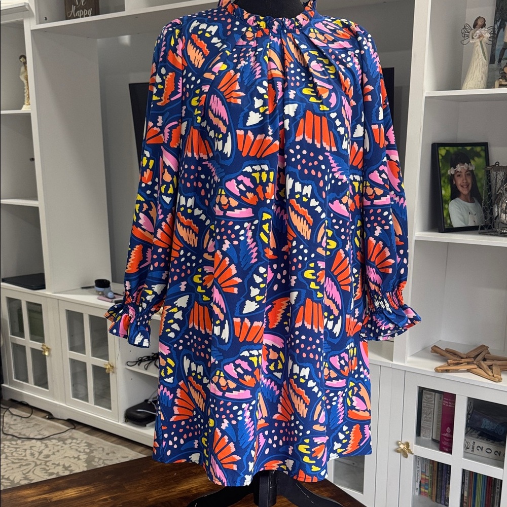 Elegant Long Sleeve Butterfly Print Dress